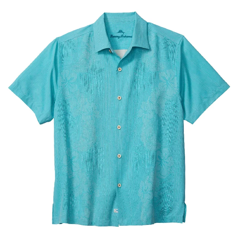 men's checkered formal shirts -Tommy Bahama Bali Border Camp Shirt - Aqua Blue