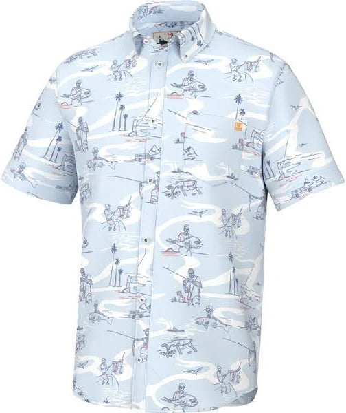 men's high-quality dress shirts -Huk Fish Bones Kona Short Sleeve Sport Shirt - Ice Water