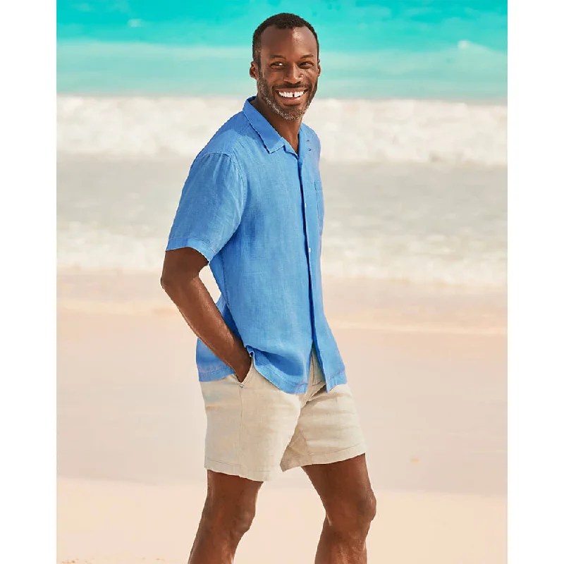 men's smart casual shirts -Tommy Bahama Sea Glass Linen Short Sleeve Camp Shirt - Blue Yonder*