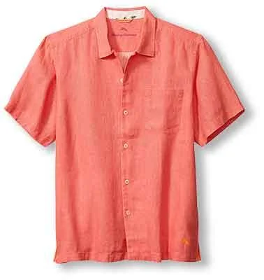 men's everyday business shirts -Tommy Bahama Sea Glass Linen Short Sleeve Camp Shirt - Dubarry Coral