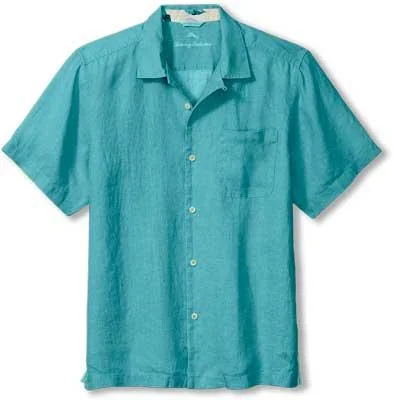 men's luxurious button-up shirts -Tommy Bahama Sea Glass Linen Short Sleeve Camp Shirt - Belle Blue