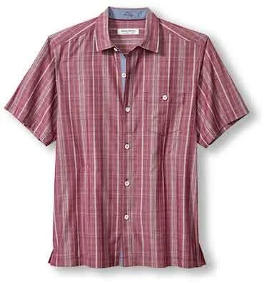 men's solid color shirts -Tommy Bahama IslandZone Coconut Point Samba Stripe Camp Shirt - Moroccan Plum