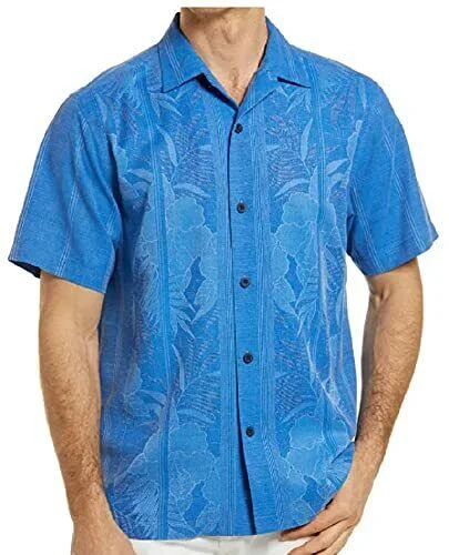 men's office shirts -Tommy Bahama Tahitian Border Camp Shirt - Cobalt Sea