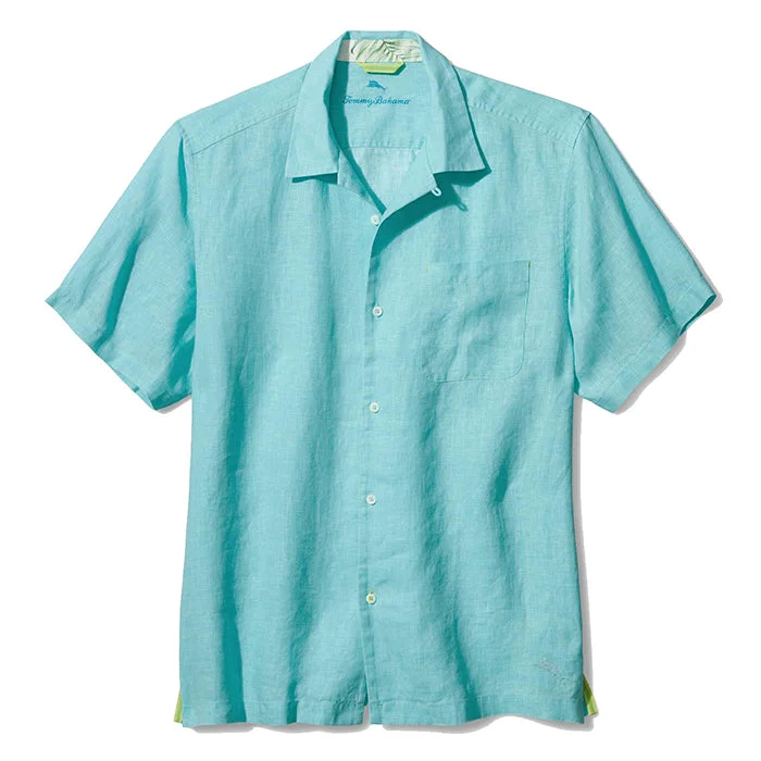 men's basic button-up shirts -Tommy Bahama Sea Glass Linen Short Sleeve Camp Shirt - Lawn Chair