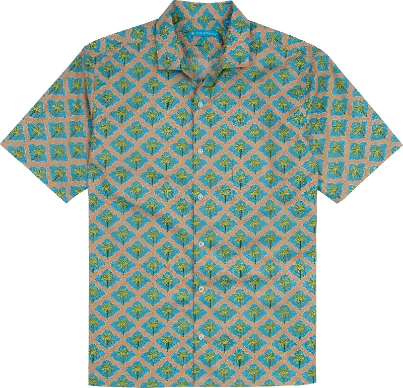 men's stylish slim-fit shirts -Tori Richard Mosaic Palms Cotton Lawn Camp Shirt - Tan