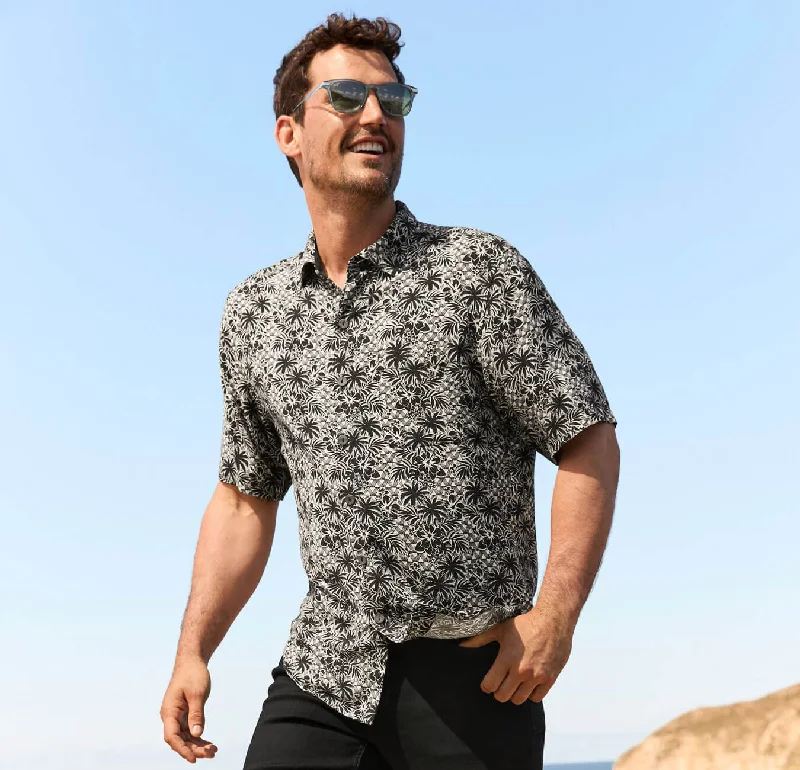 men's button-up shirts with patterns -Tommy Bahama Veracruz Cay Palm Cascade Camp Shirt - Black