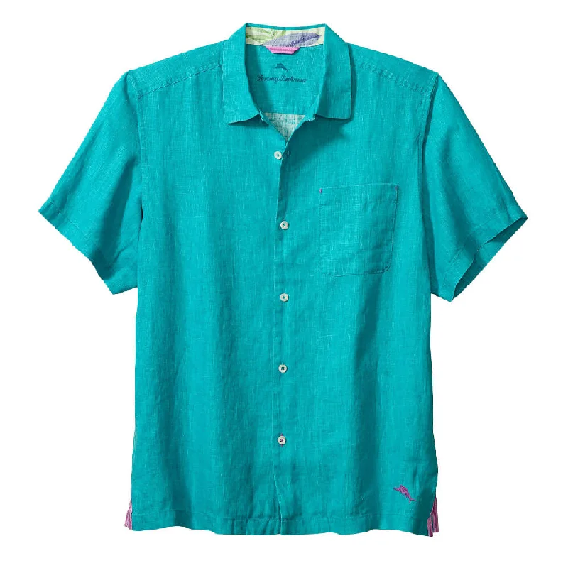 men's checkered shirts -Tommy Bahama Sea Glass Linen Short Sleeve Camp Shirt - Riviera Azure