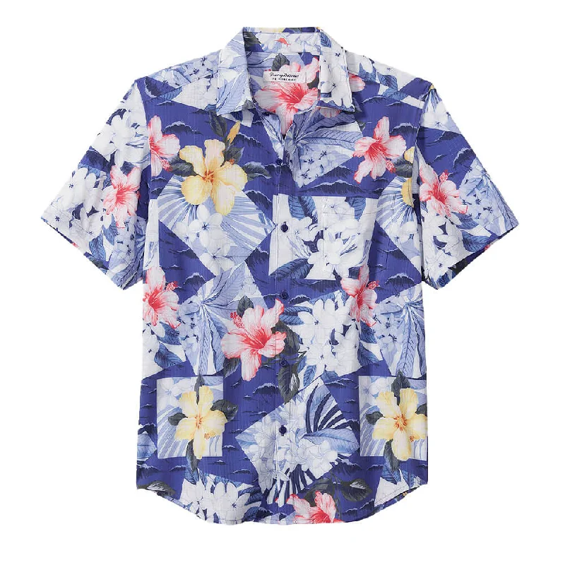 men's polo shirts -Tommy Bahama Islandzone Bahama Coast Coastal Collage Camp Shirt - Deep Ultramarine