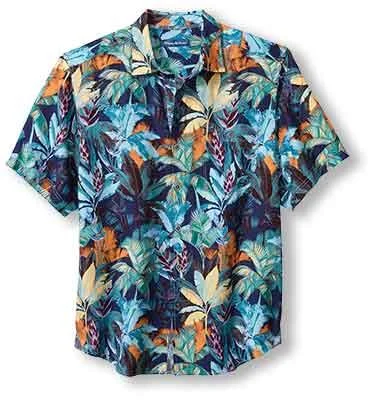 men's custom-tailored shirts -Tommy Bahama Sand Linen Fuego Palms Camp Shirt - Blue Jean