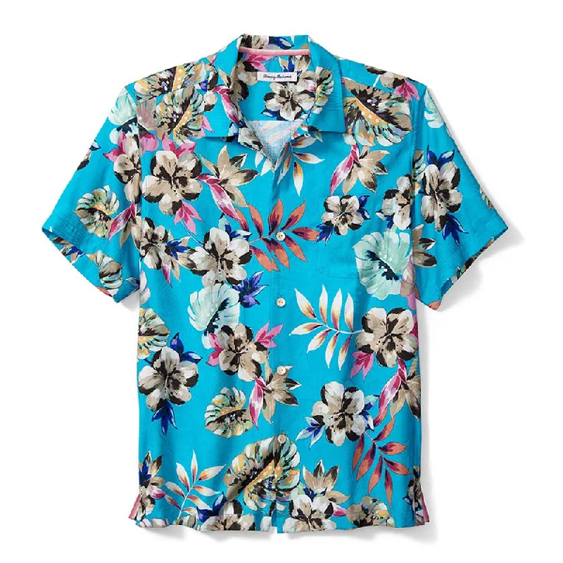 men's fitted button-up shirts -Tommy Bahama IslandZone Jetties Beach Blooms Camp Shirt - Blue Danube