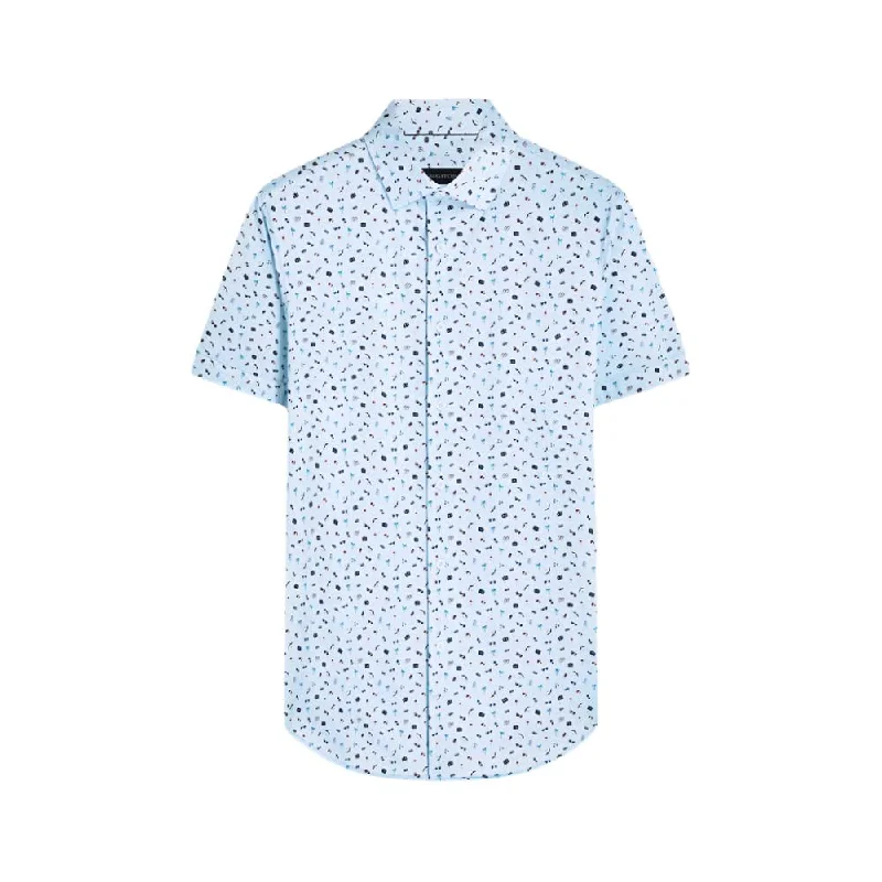 men's business dress shirts -Bugatchi Ooohcotton Miles Beach Day Print Short Sleeve Sport Shirt - Air Blue