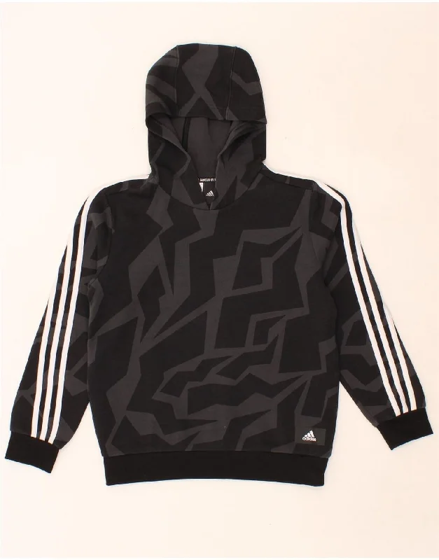 men's printed hoodies for winter -ADIDAS Boys Abstract Pattern Hoodie Jumper 11-12 Years Black Cotton