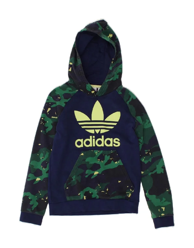 men's sweatshirts with designs -ADIDAS Boys Graphic Hoodie Jumper 10-11 Years Navy Blue Camouflage