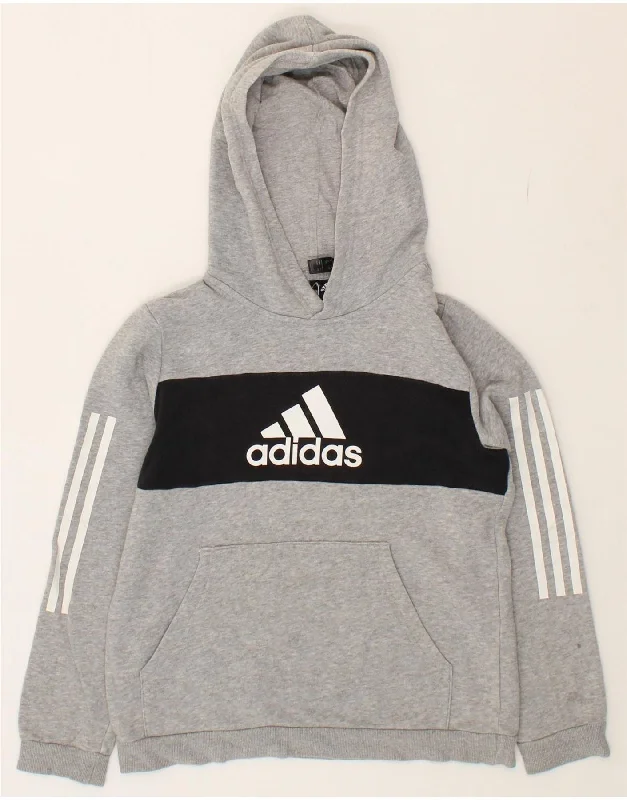 men's athletic sweatshirts -ADIDAS Boys Graphic Hoodie Jumper 11-12 Years Grey Colourblock Cotton