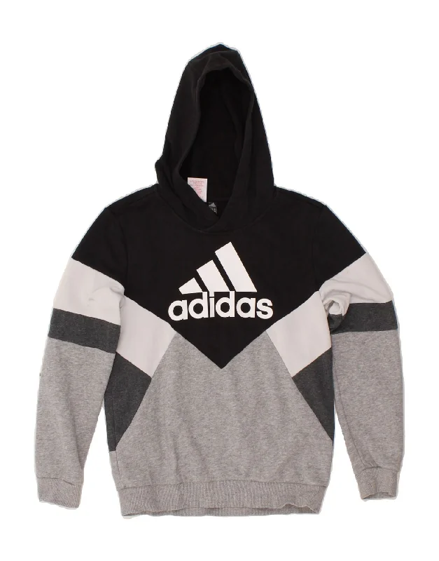 men's long sleeve hoodies -ADIDAS Boys Graphic Hoodie Jumper 11-12 Years Grey Colourblock Cotton