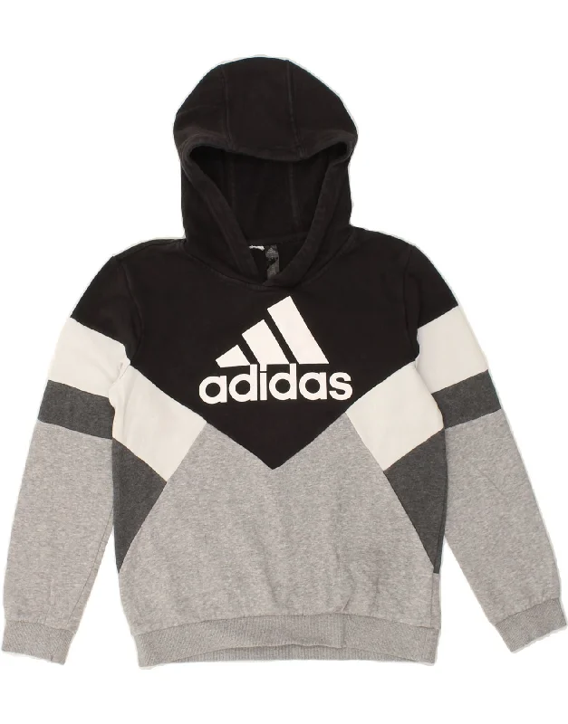 men's sweatshirts with designs -ADIDAS Boys Graphic Hoodie Jumper 11-12 Years Grey Colourblock Cotton