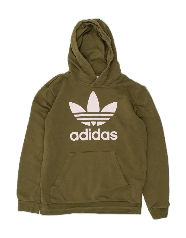 men's fleece sweatshirts -ADIDAS Boys Graphic Hoodie Jumper 11-12 Years Khaki Cotton