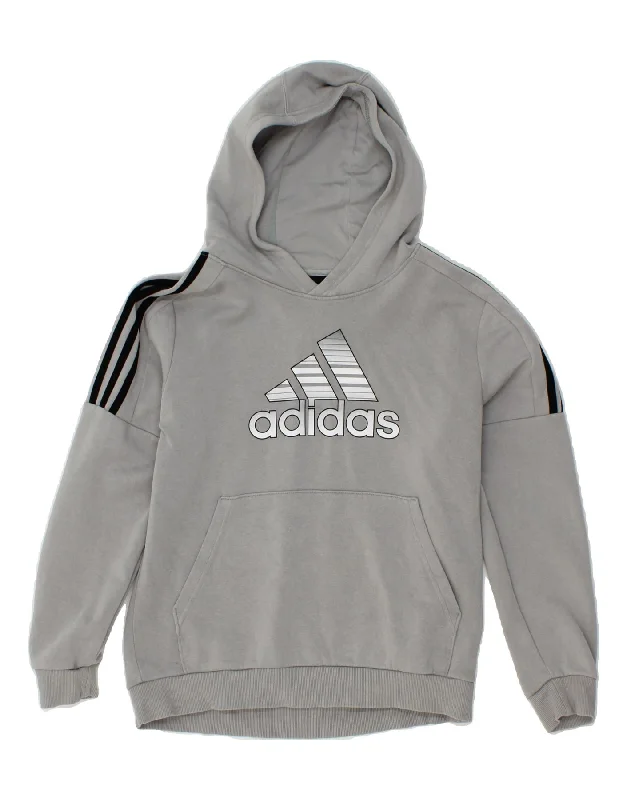 men's fleece hoodies -ADIDAS Boys Graphic Hoodie Jumper 12-13 Years Grey Cotton