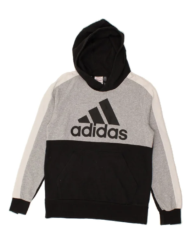 men's fleece zip-up hoodies -ADIDAS Boys Graphic Hoodie Jumper 13-14 Years Black Colourblock Cotton