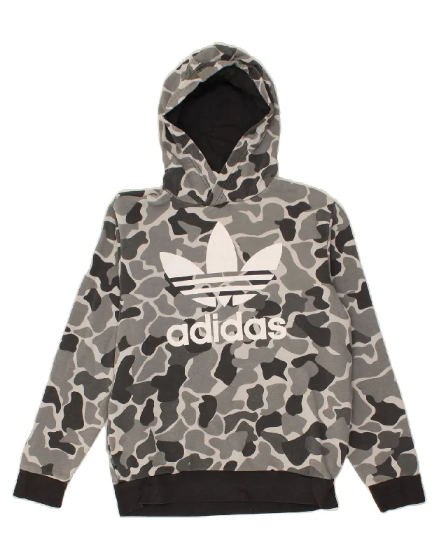 men's thick pullover hoodies -ADIDAS Boys Graphic Hoodie Jumper 13-14 Years Grey Camouflage Cotton