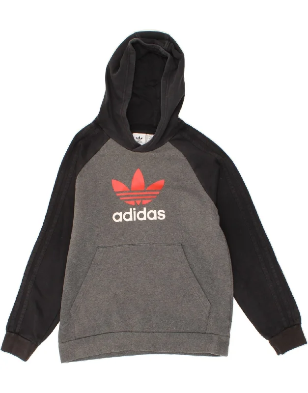 men's hoodie with zip pockets -ADIDAS Boys Graphic Hoodie Jumper 13-14 Years Grey Colourblock Cotton