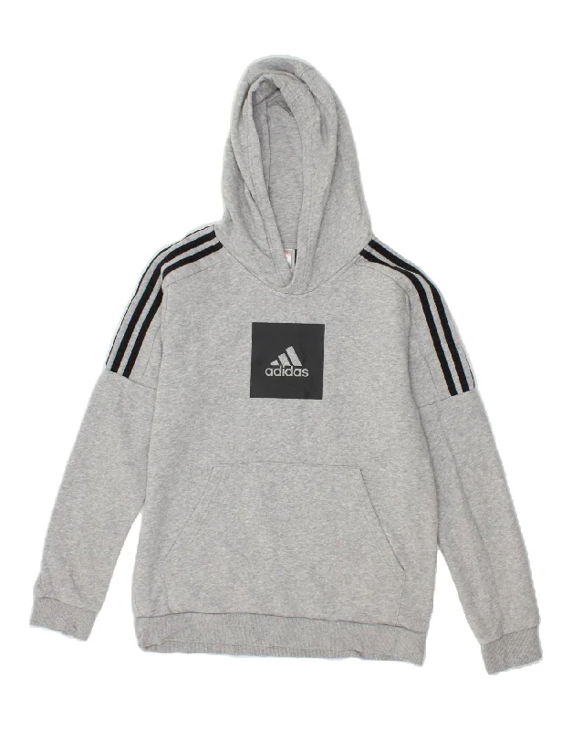 men's fleece zip-up hoodies -ADIDAS Boys Graphic Hoodie Jumper 13-14 Years Grey Cotton