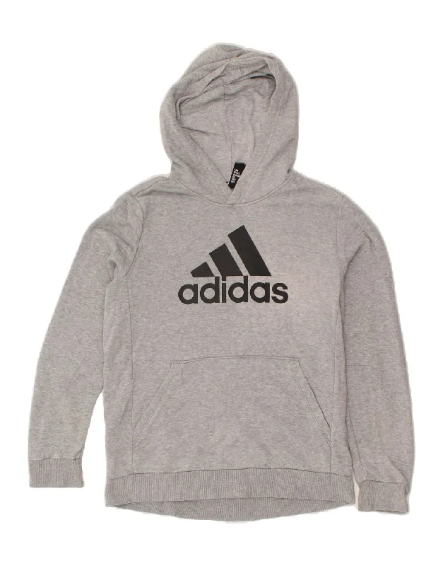 men's hoodies with quotes -ADIDAS Boys Graphic Hoodie Jumper 13-14 Years Grey Cotton