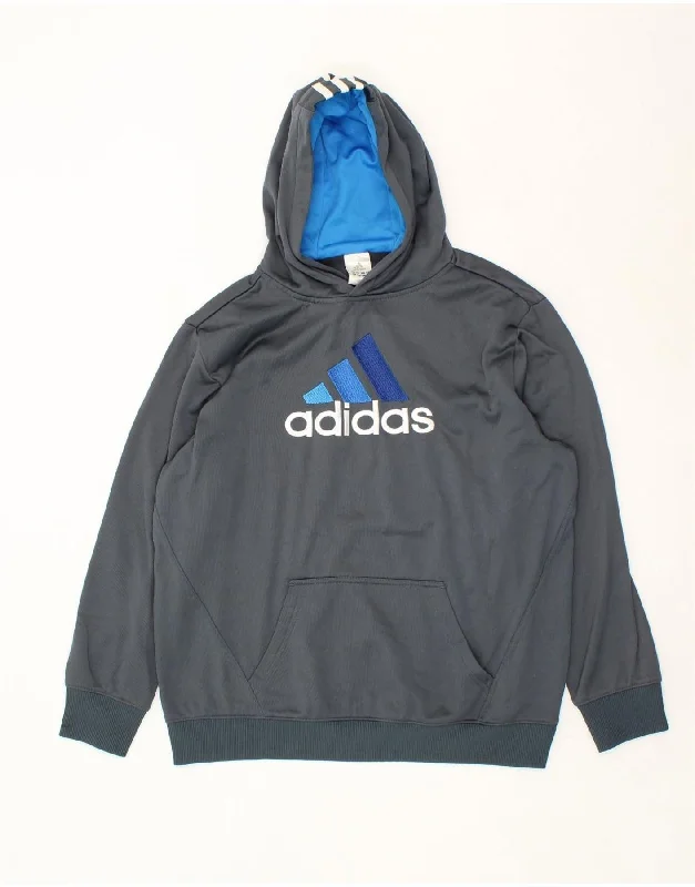 men's sporty hoodies -ADIDAS Boys Graphic Hoodie Jumper 13-14 Years Grey Polyester