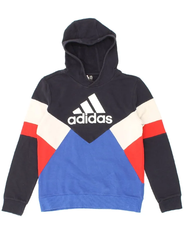 men's hoodie sweatshirt -ADIDAS Boys Graphic Hoodie Jumper 13-14 Years Navy Blue Colourblock Cotton