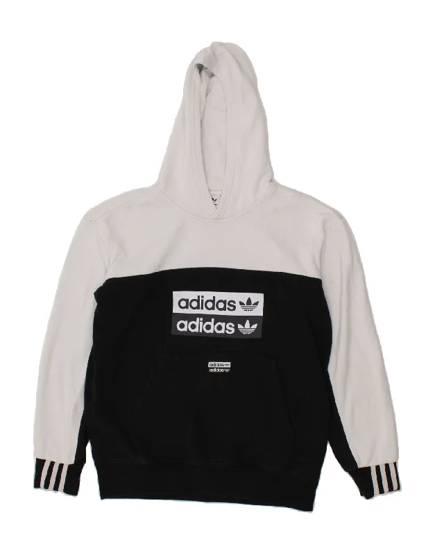 men's workout hoodies -ADIDAS Boys Graphic Hoodie Jumper 14-15 Years Black Colourblock Cotton