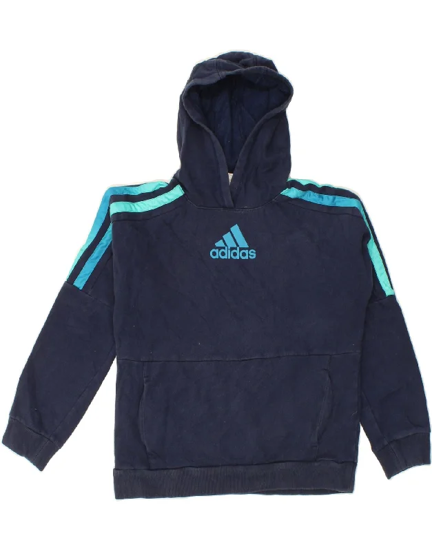 men's hoodie sweatshirt with graphics -ADIDAS Boys Graphic Hoodie Jumper 14-15 Years Large Navy Blue Cotton