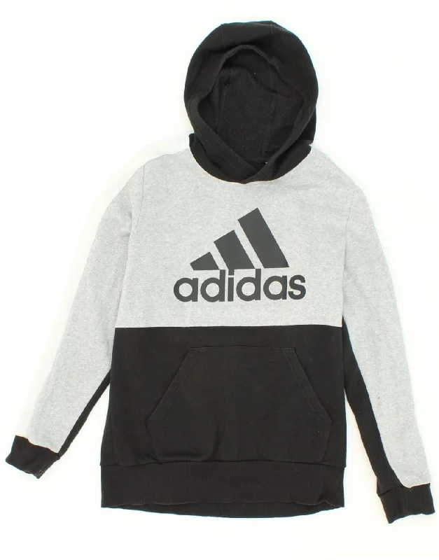 men's hoodie sweatshirts with designs -ADIDAS Boys Graphic Hoodie Jumper 15-16 Years Black Colourblock Cotton