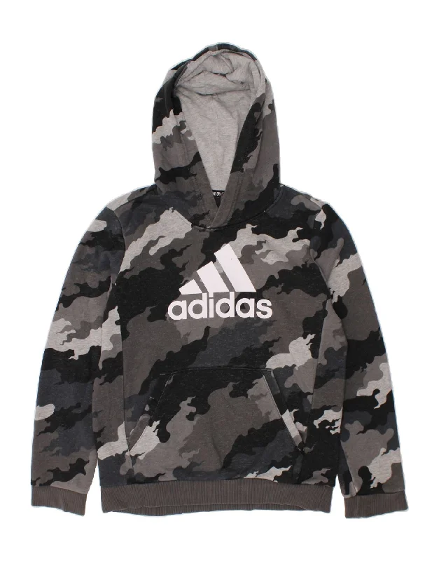 men's fleece sweatshirts for winter -ADIDAS Boys Graphic Hoodie Jumper 9-10 Years Grey Camouflage Cotton