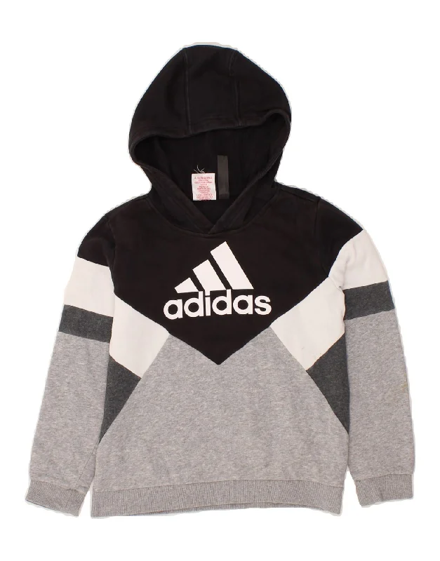 men's pullover sweatshirts -ADIDAS Boys Graphic Hoodie Jumper 9-10 Years Grey Colourblock Cotton