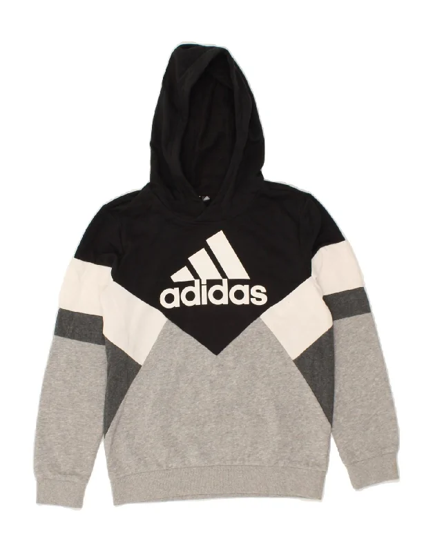 men's hoodie for weekend wear -ADIDAS Boys Graphic Hoodie Jumper 9-10 Years Grey Colourblock