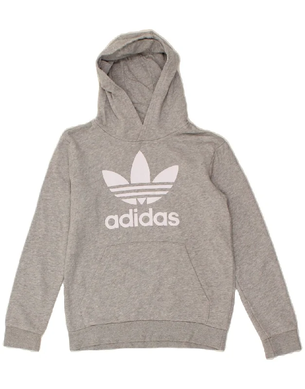 men's hoodie with prints -ADIDAS Boys Graphic Hoodie Jumper 9-10 Years Grey Cotton