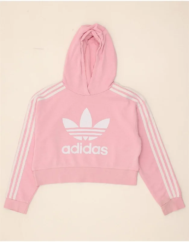 men's workout sweatshirts -ADIDAS Girls Crop Graphic Hoodie Jumper 11-12 Years Pink Cotton