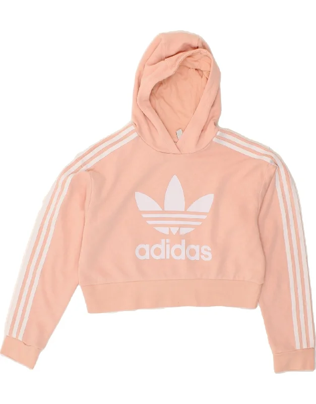 men's zip-up sweatshirts -ADIDAS Girls Crop Graphic Hoodie Jumper 11-12 Years Pink Cotton