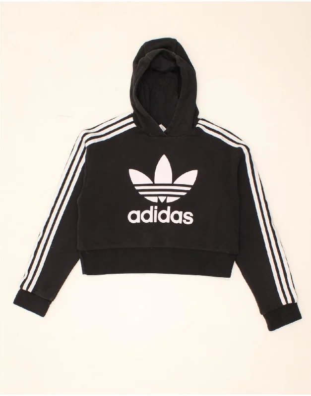 comfortable fleece sweatshirts for men -ADIDAS Girls Crop Graphic Hoodie Jumper 12-13 Years Black Cotton