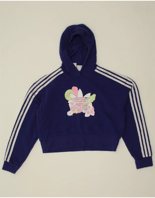 trendy hoodies for men -ADIDAS Girls Crop Graphic Hoodie Jumper 12-13 Years Navy Blue Floral