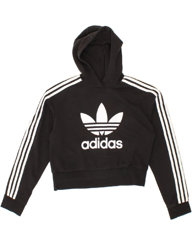 men's sporty sweatshirts -ADIDAS Girls Crop Graphic Hoodie Jumper 13-14 Years Large Black Cotton