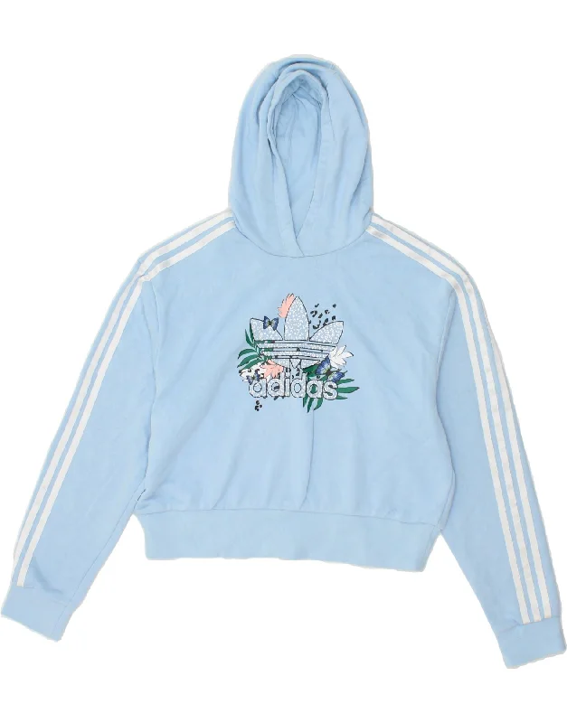 men's hoodie for warmth -ADIDAS Girls Crop Graphic Hoodie Jumper 14-15 Years Blue Cotton