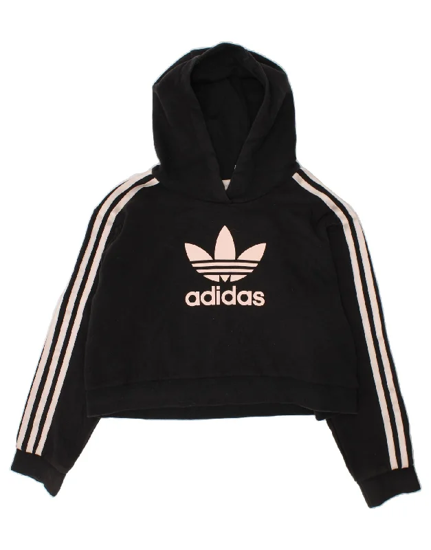 men's heavy fleece sweatshirts -ADIDAS Girls Graphic Crop Hoodie Jumper 9-10 Years Black Cotton