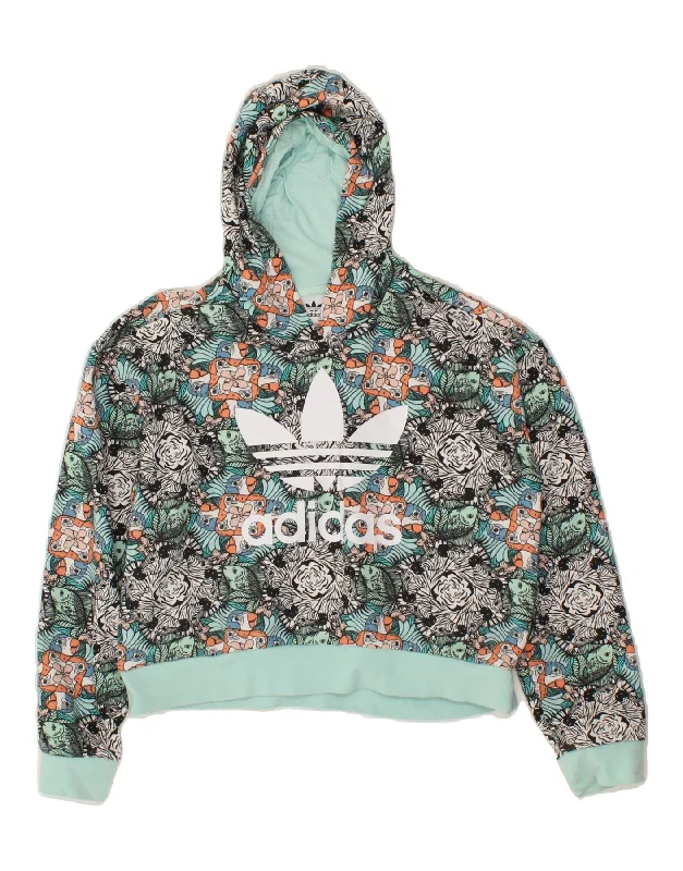 men's sporty hoodies -ADIDAS Girls Graphic Hoodie Jumper 11-12 Years Multicoloured Floral Cotton