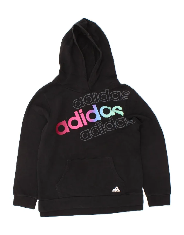 men's sporty hoodies -ADIDAS Girls Graphic Hoodie Jumper 13-14 Years Large Black Cotton