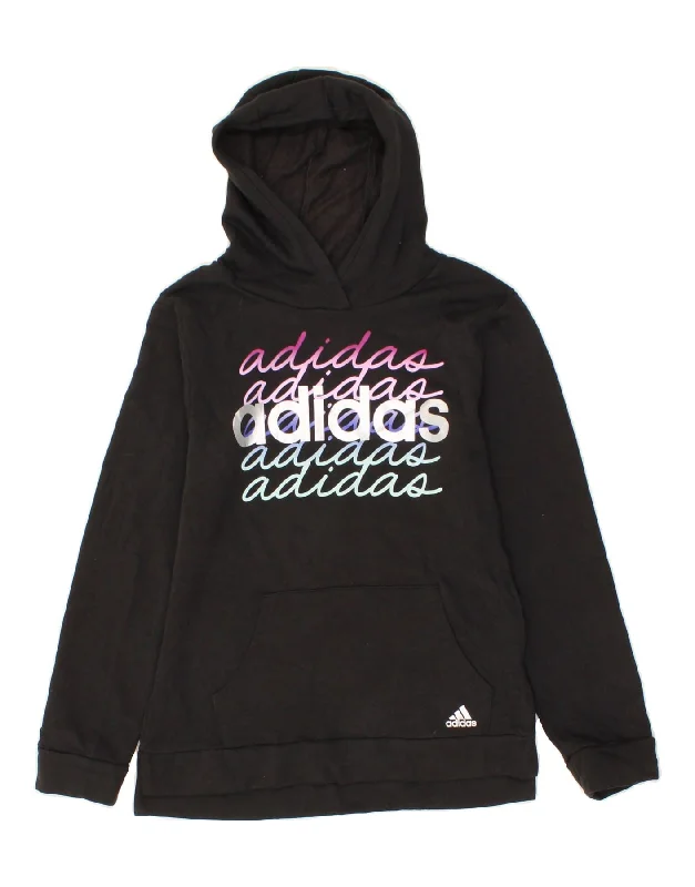 men's fleece sweatshirts for winter -ADIDAS Girls Graphic Hoodie Jumper 13-14 Years XL Black Cotton