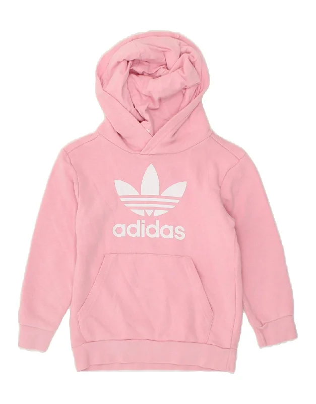 men's hoodie for gym -ADIDAS Girls Graphic Hoodie Jumper 6-7 Years Pink Cotton