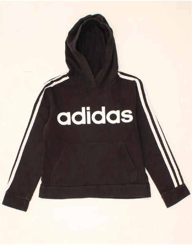 men's fleece sweatshirts -ADIDAS Girls Graphic Hoodie Jumper 7-8 Years Small Black Cotton