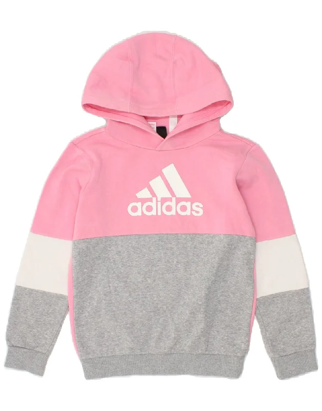 men's hoodie sweatshirts with designs -ADIDAS Girls Graphic Hoodie Jumper 7-8 Years XS Pink Colourblock Cotton