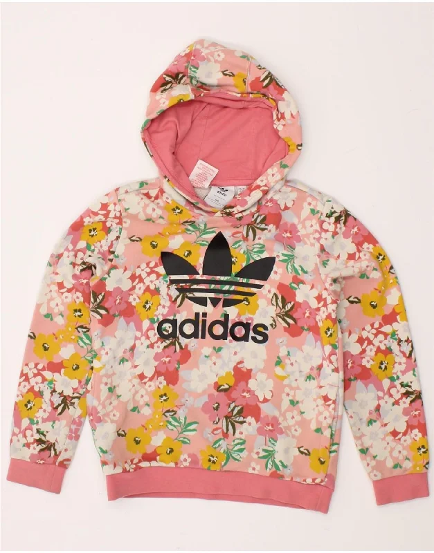 men's hoodie for weekend wear -ADIDAS Girls Graphic Hoodie Jumper 9-10 Years Pink Floral Cotton